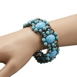 Vintage Statement Turquoise-Blue Cabochon & Crystal Wide Link Bracelet
